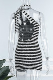 Black Sexy Striped Bandage Backless Oblique Collar Sleeveless Dress Dresses