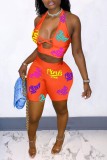 Orange Red Sexy Letter Print Backless Halter Sleeveless Two Pieces