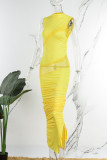 Yellow Sexy Solid Patchwork Fold O Neck Pencil Skirt Dresses