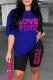 Blue Casual Print Letter O Neck Short Sleeve Two Pieces