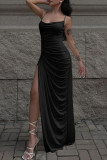 Blue Sexy Party Solid High Opening Fold Spaghetti Strap One Step Skirt Dresses