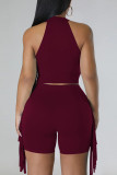 Burgundy Casual Solid Tassel Patchwork O Neck Sleeveless Two Pieces