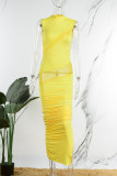 Yellow Sexy Solid Patchwork Fold O Neck Pencil Skirt Dresses