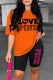 Orange Casual Print Letter O Neck Short Sleeve Two Pieces
