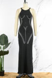 Black Sexy Casual Solid Patchwork Hot Drill O Neck Long Dress Dresses