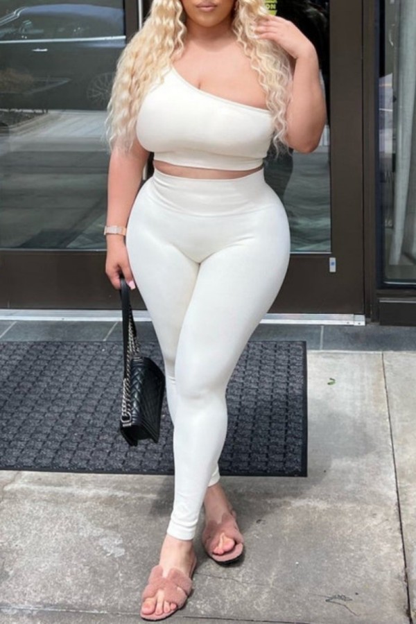 White Sexy Casual Sportswear Solid Backless Oblique Collar Sleeveless Two Pieces