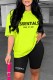 Fluorescent Green Casual Print Letter O Neck Short Sleeve Two Pieces