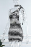 Black Sexy Striped Bandage Backless Oblique Collar Sleeveless Dress Dresses