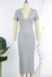 Grey Casual Solid Basic V Neck Short Sleeve Dress Dresses