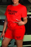 Red Street Print Letter O Neck Short Sleeve Two Pieces