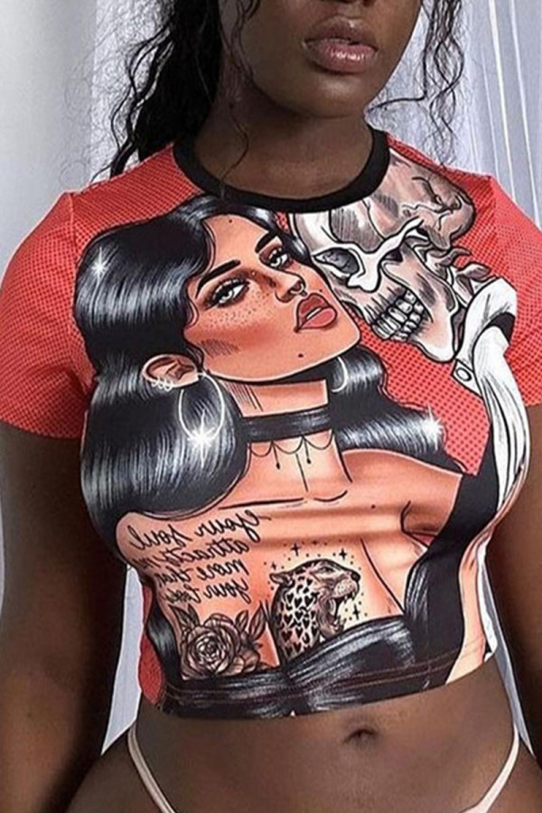 Tangerine Street Print Patchwork O Neck T-Shirts