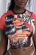 Tangerine Street Print Patchwork O Neck T-Shirts
