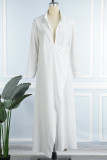 White Sexy Patchwork Slit Turndown Collar Long Dress Dresses