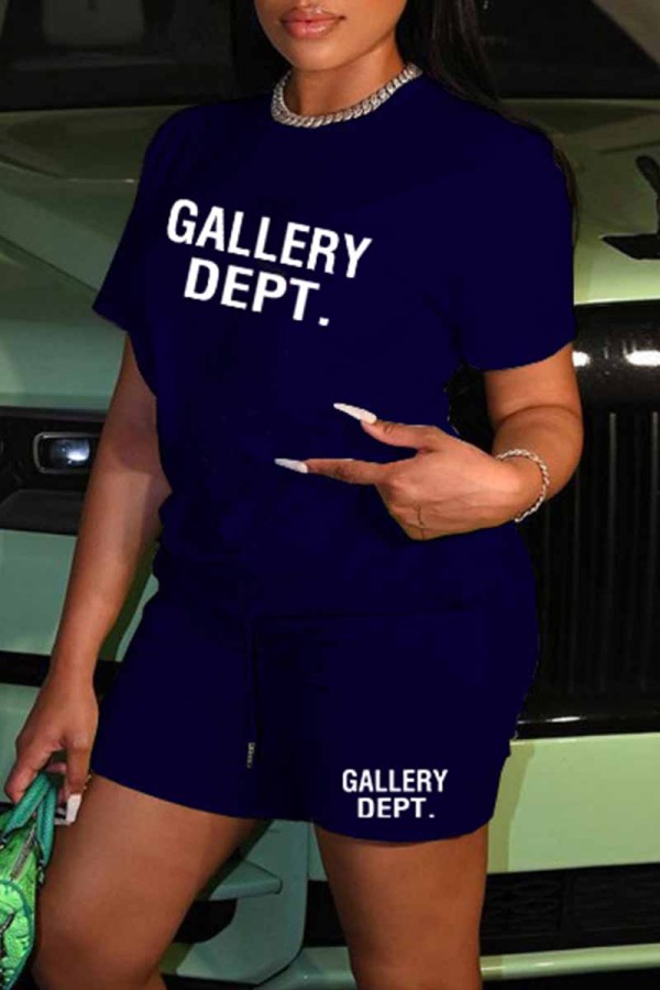 Deep Blue Street Print Letter O Neck Short Sleeve Two Pieces