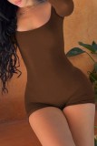 Brownness Sexy Casual Solid Backless U Neck Skinny Romper
