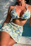 Light Blue Sexy Patchwork Bandage Backless Swimsuit Three Piece Set (With Paddings)