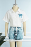Light Blue Casual Print Patchwork Shirt Collar Short Sleeve Two Pieces