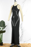 Black Sexy Casual Solid Patchwork Hot Drill O Neck Long Dress Dresses