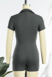 Grey Casual Solid Patchwork Turndown Collar Skinny Rompers