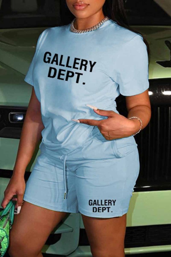 Light Blue Street Print Letter O Neck Short Sleeve Two Pieces