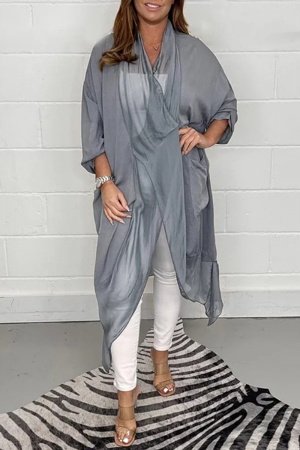 Grey Casual Solid Asymmetrical V Neck Tops