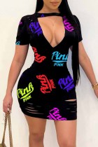 Black Sexy Street Print Hollowed Out Letter O Neck One Step Skirt Dresses