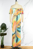 Green Casual Print Patchwork Backless Off the Shoulder Regular Jumpsuits