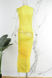 Yellow Sexy Solid Patchwork Fold O Neck Pencil Skirt Dresses