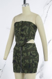 Army Green Sexy Casual Camouflage Print Backless Zipper Strapless Sleeveless Two Pieces