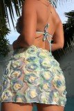 Light Blue Sexy Patchwork Bandage Backless Swimsuit Three Piece Set (With Paddings)