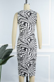 White Casual Print Hollowed Out O Neck Sleeveless Dress Dresses