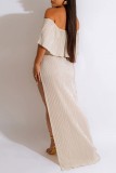 Apricot Sexy Casual Solid Bandage Off the Shoulder Short Sleeve Two Pieces