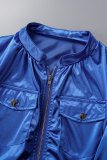 Blue Casual Solid Patchwork Zipper Short Sleeve Two Pieces