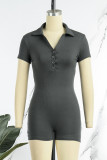Grey Casual Solid Patchwork Turndown Collar Skinny Rompers