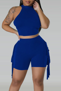 Blue Casual Solid Tassel Patchwork O Neck Sleeveless Two Pieces