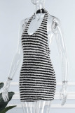 Black Sexy Striped Bandage Backless Halter Sleeveless Dress Dresses