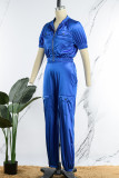 Blue Casual Solid Patchwork Zipper Short Sleeve Two Pieces
