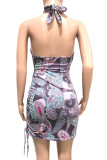 Purple Sexy Street Print Strap Design Halter One Step Skirt Dresses