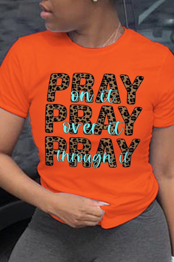 Orange Daily Vintage Print Patchwork O Neck T-Shirts