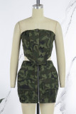 Army Green Sexy Casual Camouflage Print Backless Zipper Strapless Sleeveless Two Pieces