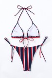 Tibetan Blue Sexy Striped Print Bandage Backless Swimwears (With Paddings)