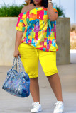Colour Casual Street Print Patchwork Oblique Collar Short Sleeve Two Pieces