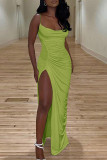 Blue Sexy Party Solid High Opening Fold Spaghetti Strap One Step Skirt Dresses