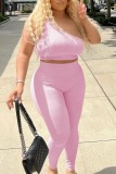 Pink Sexy Casual Sportswear Solid Backless Oblique Collar Sleeveless Two Pieces