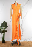 Orange Casual Solid Patchwork Slit V Neck Sleeveless Two Pieces
