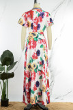 Multicolor Casual Print Patchwork V Neck Long Dress Dresses