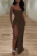 Brown Sexy Party Solid High Opening Fold Spaghetti Strap One Step Skirt Dresses