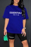 Blue Casual Print Letter O Neck Short Sleeve Two Pieces