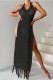 Black Sexy Solid Tassel Bandage Backless Slit Halter Beach Dress Dresses