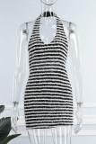 Black Sexy Striped Bandage Backless Halter Sleeveless Dress Dresses